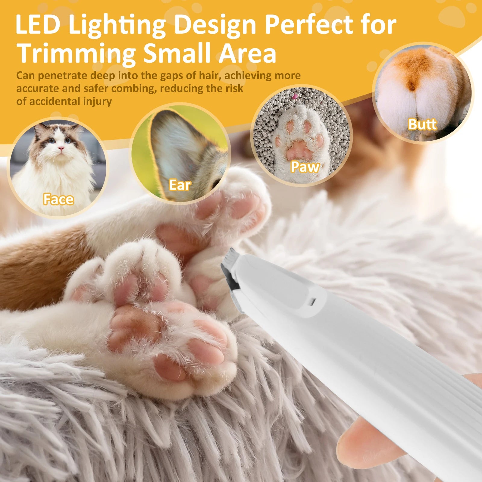 Pet Dog Paw Trimmer with LED Light USB Rechargeable Pet Grooming Clippers Portable Dogs Hair Clippers Low Noise Grooming Tool